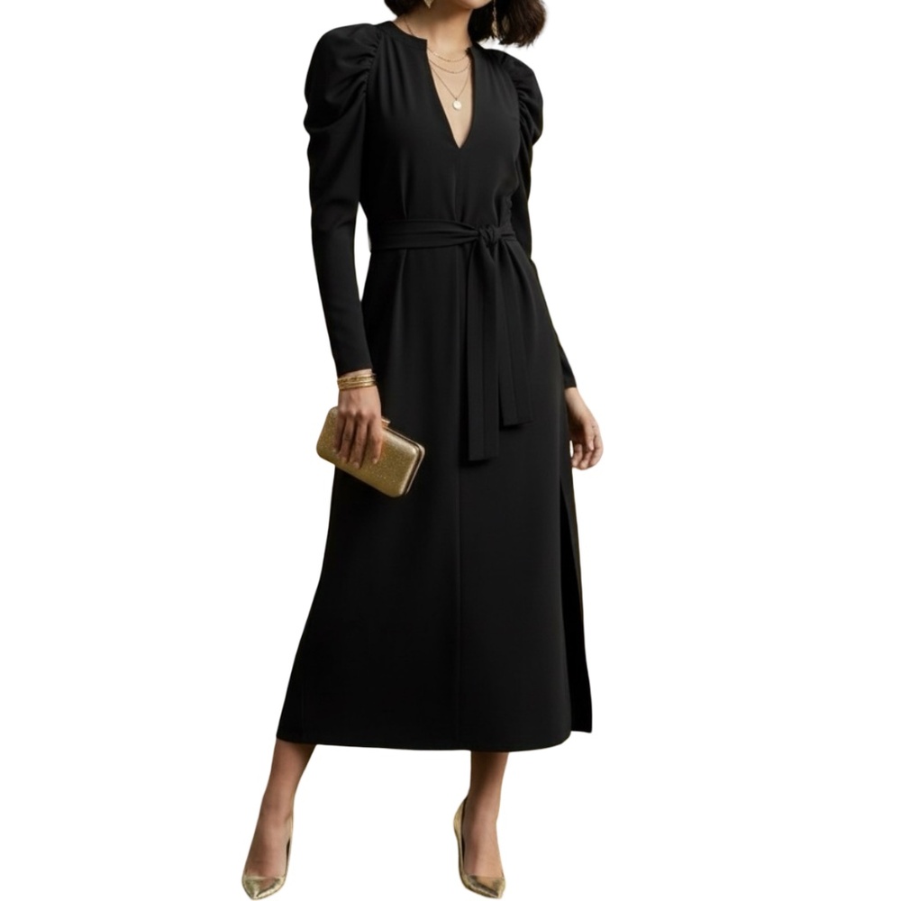 #A317  Zara Women’s Black Belted Midi Puff Shoulder Pre- Owned Chic Posh Style S